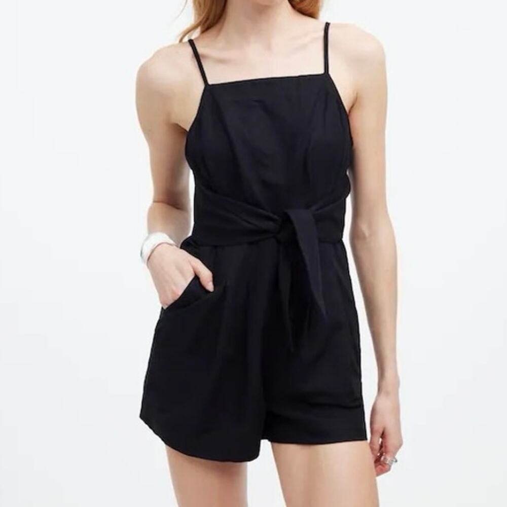 Madewell Linen Cotton Tie Waist Romper Women’s 00 Black NQ635